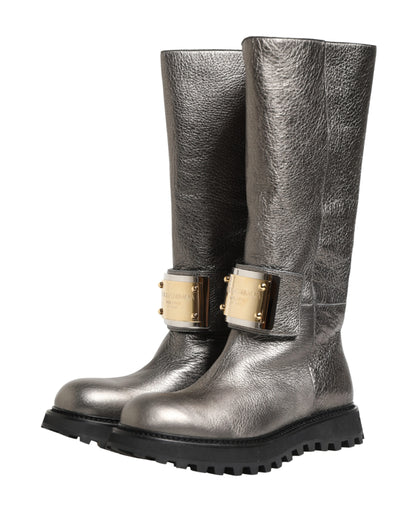 Dolce & Gabbana Metallic Silver Leather Mid Calf Boots Shoes