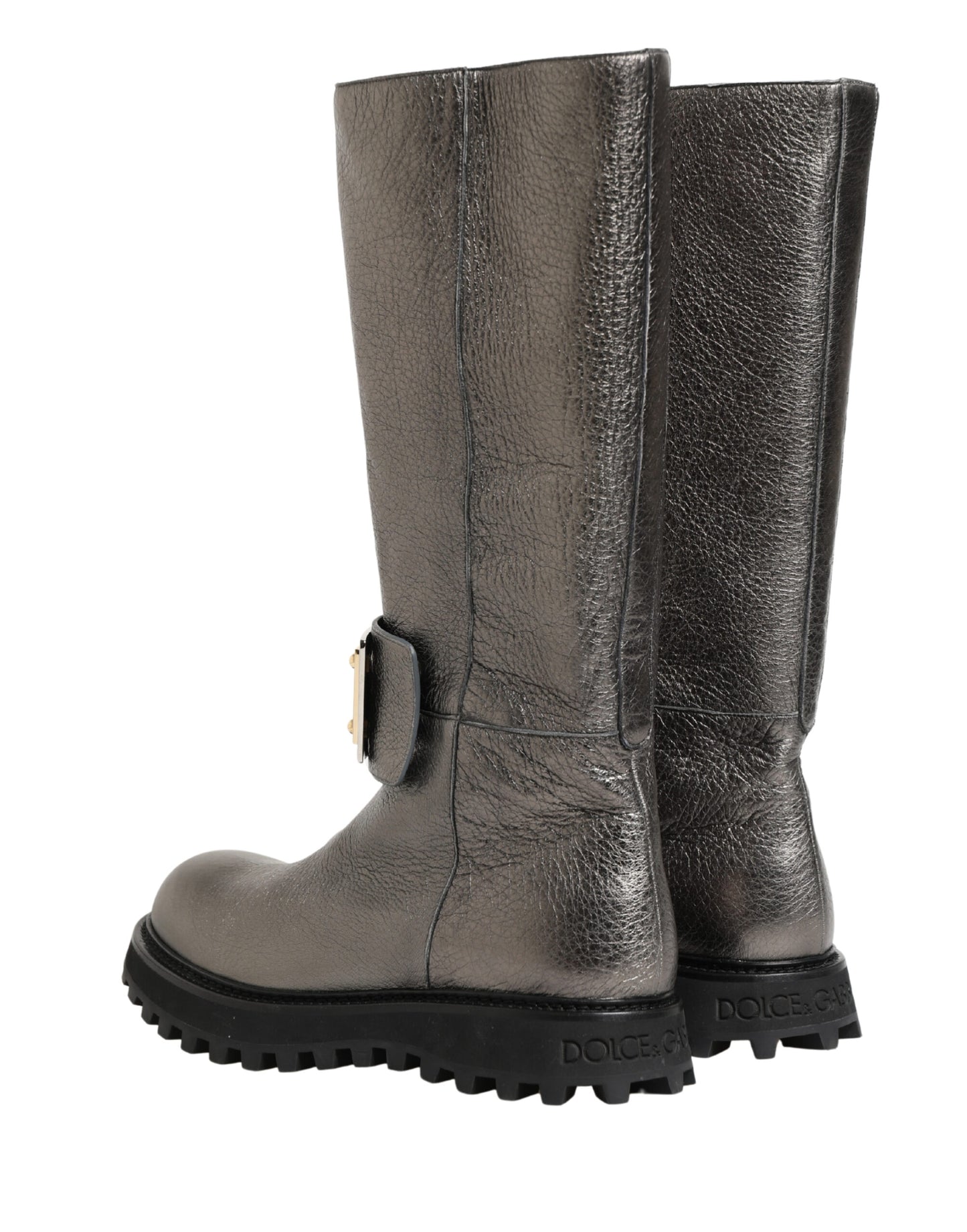 Dolce & Gabbana Metallic Silver Leather Mid Calf Boots Shoes