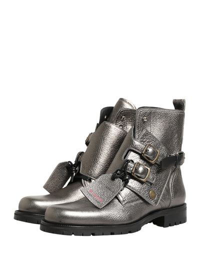 Dolce & Gabbana Metallic Silver Leather Buckle Ankle Boots Shoes