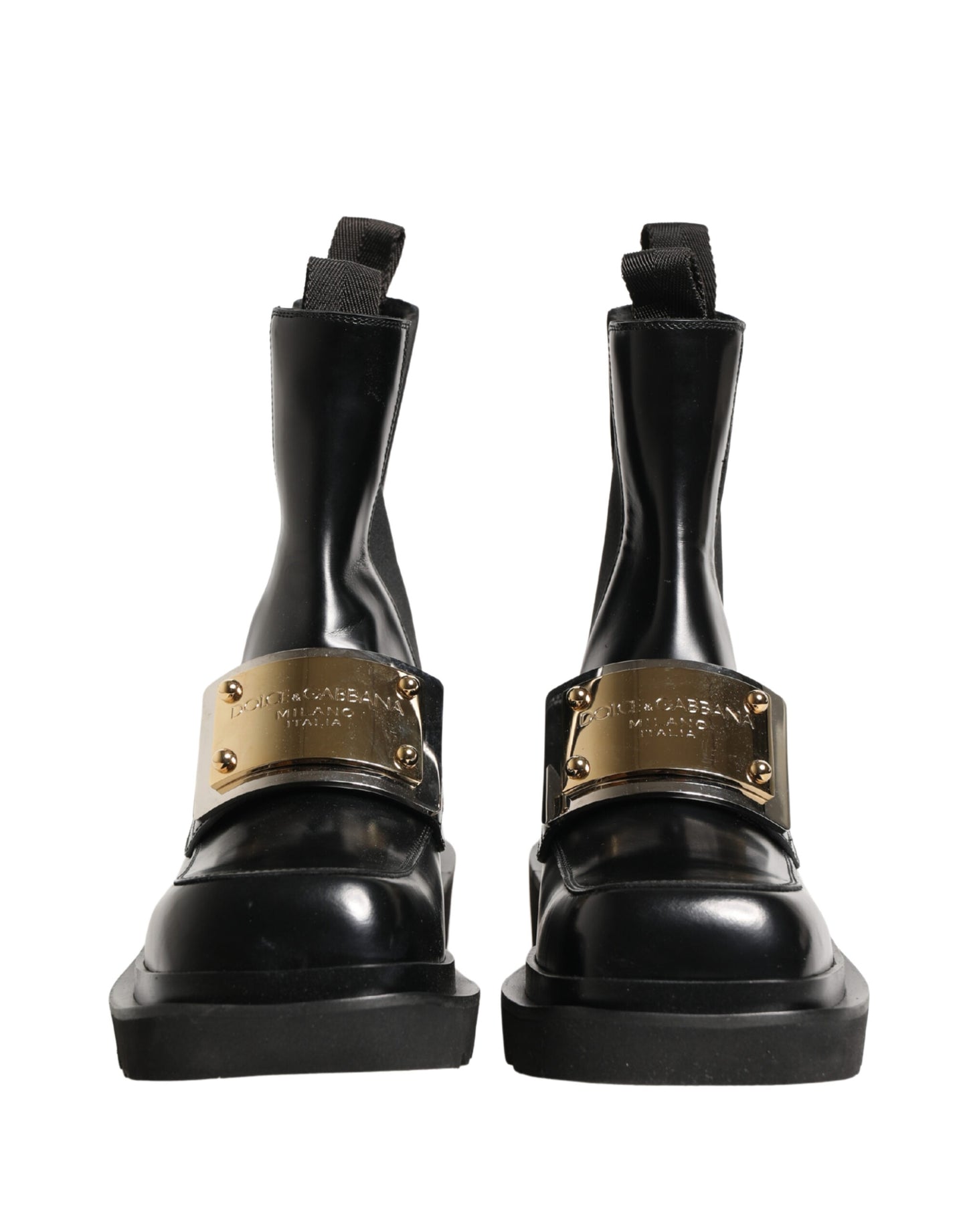 Dolce & Gabbana Black Leather Logo Plaque Ankle Boots Shoes