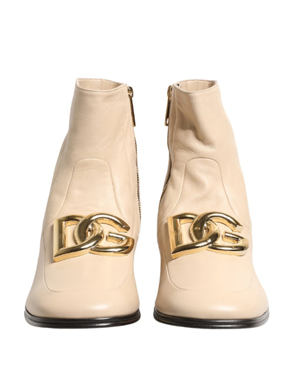 Dolce & Gabbana Beige Leather Logo Plaque Ankle Boots Shoes