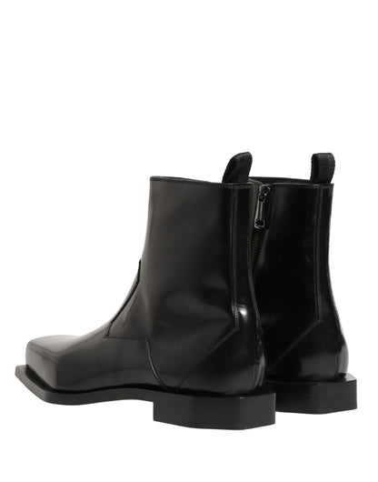Dolce & Gabbana Black Leather Zip Closure Ankle Boots Shoes
