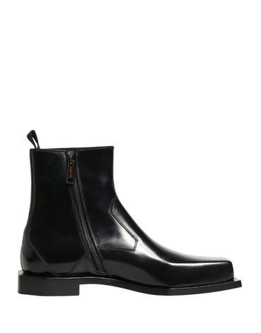 Dolce & Gabbana Black Leather Zip Closure Ankle Boots Shoes