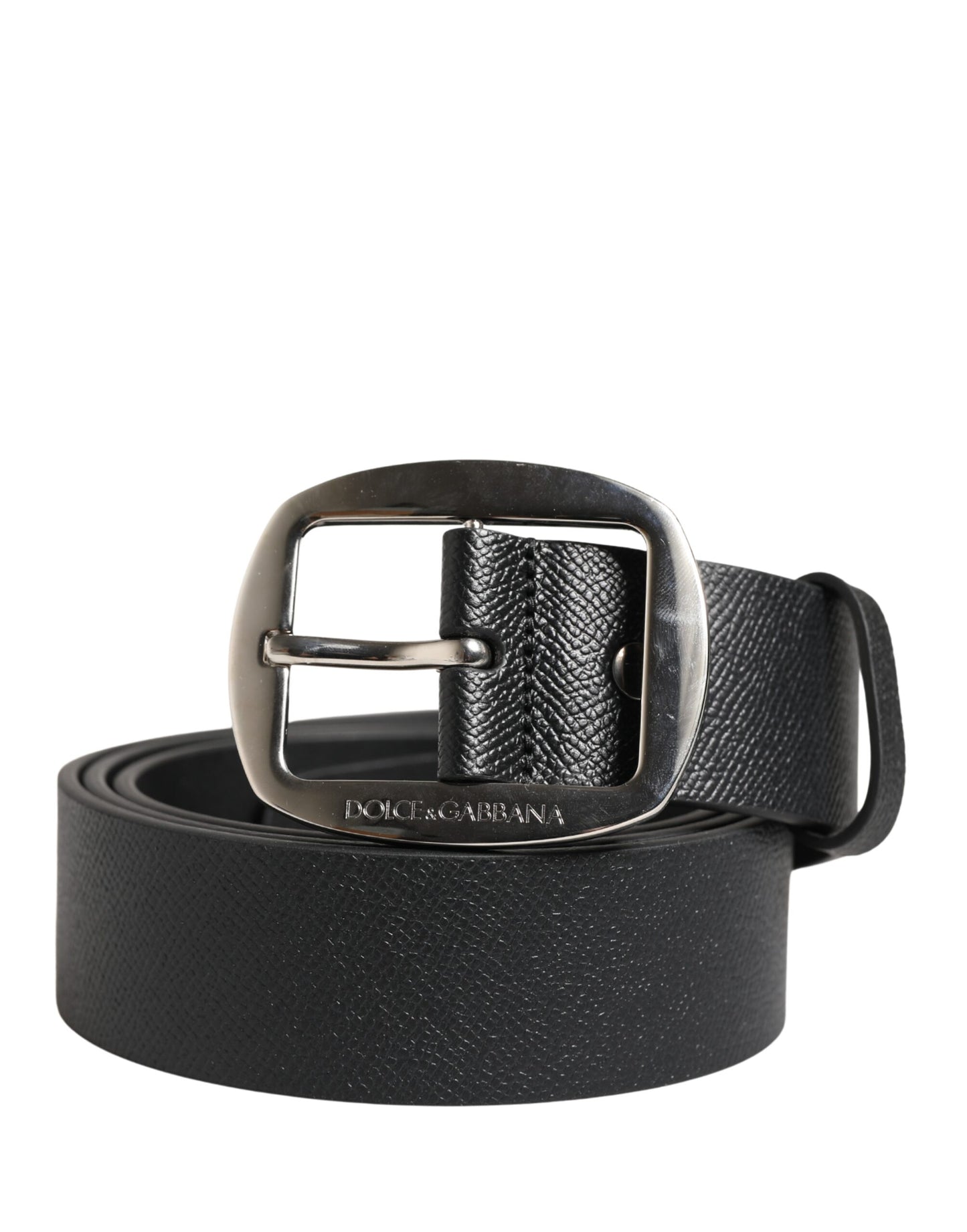 Dolce & Gabbana Black Calf Leather Silver Metal Buckle Belt