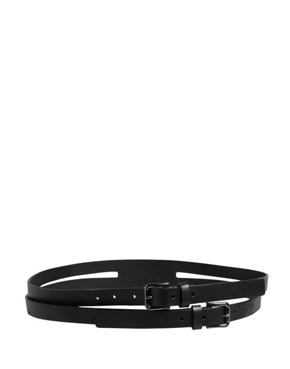 Dolce & Gabbana Black Double Strap Leather Silver Buckle Belt