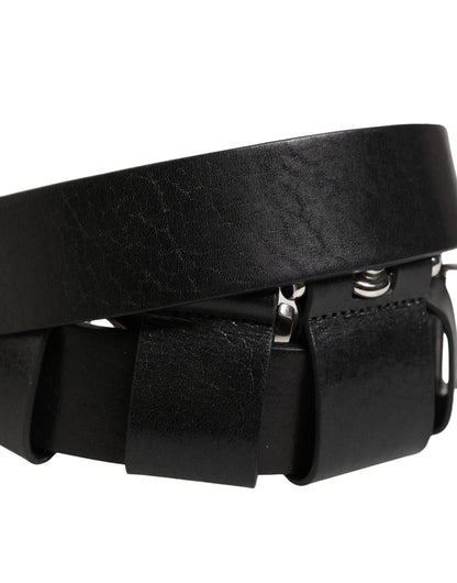 Dolce & Gabbana Black Calf Leather Silver Metal Buckle Belt