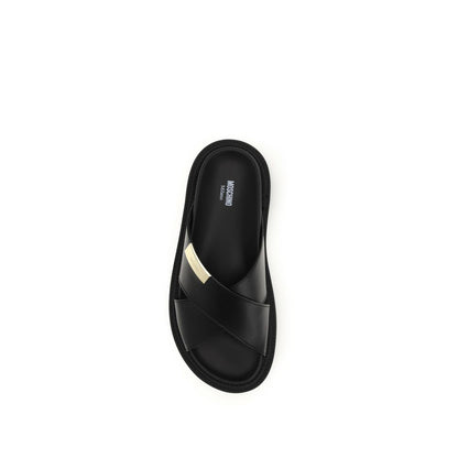 Moschino Black Calf Leather Bos Taurus Flat Sandals