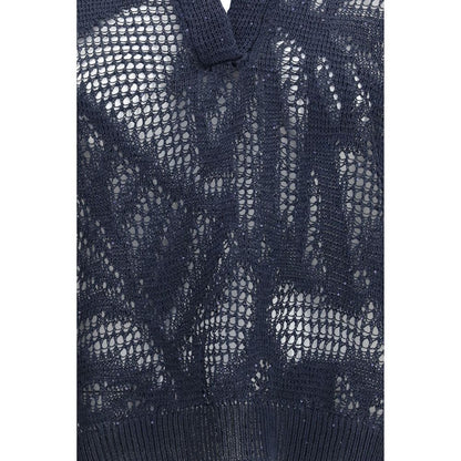Brunello Cucinelli Blue Linen Polo Shirt