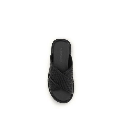 Ferragamo Black Calf Leather Bos Taurus Sandals