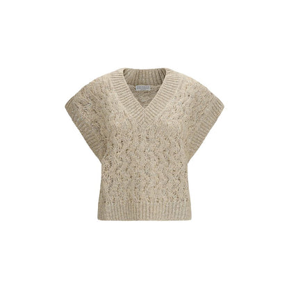 Brunello Cucinelli Beige Silk Sleeveles Sweater
