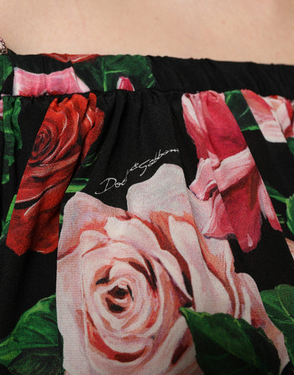 Dolce & Gabbana Black Rose Print Silk Off The Shoulder Blouse Top