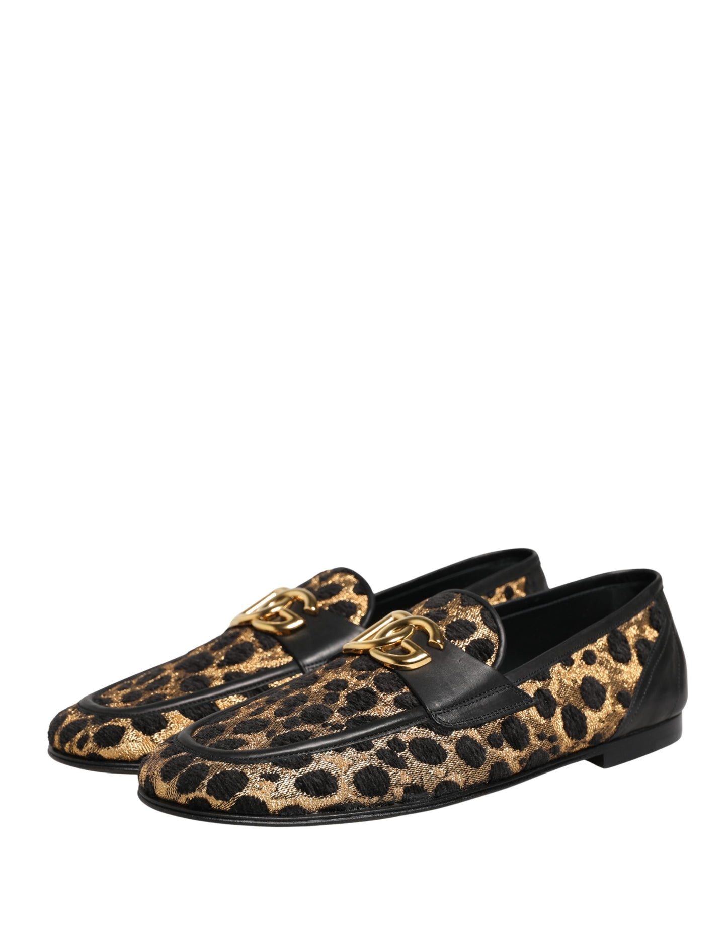 Dolce & Gabbana Black Gold Leopard Pony Skin Loafers Shoes