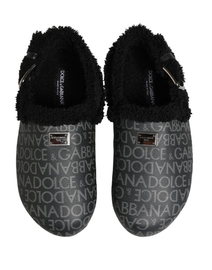 Dolce & Gabbana Gray Faux Fur Jacquard Mules Sandals Shoes