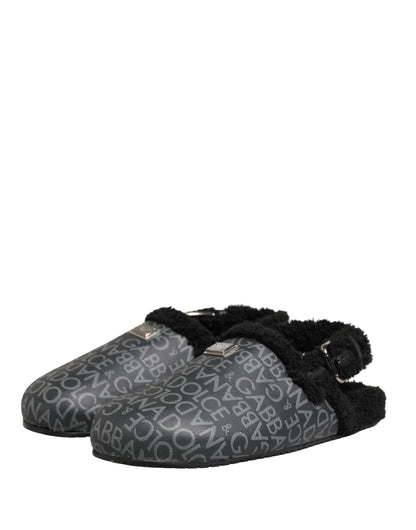 Dolce & Gabbana Gray Faux Fur Jacquard Mules Sandals Shoes