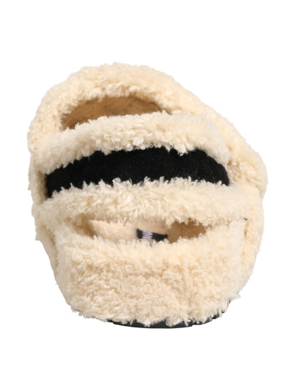 Dolce & Gabbana Beige Black Faux Fur Flats Men Sandals Shoes
