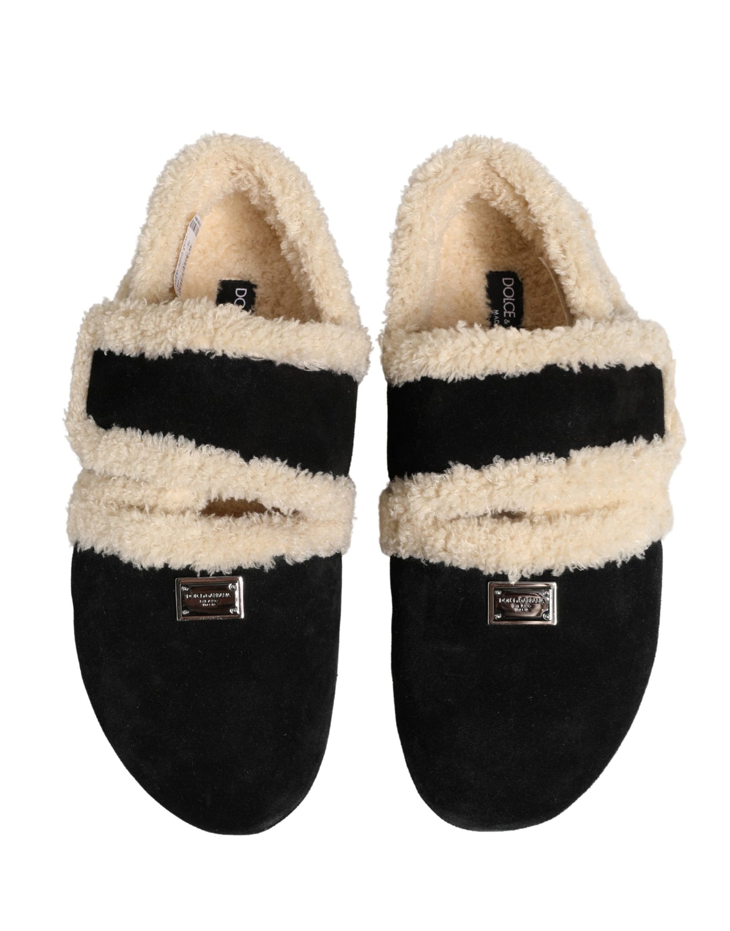 Dolce & Gabbana Beige Black Faux Fur Flats Men Sandals Shoes