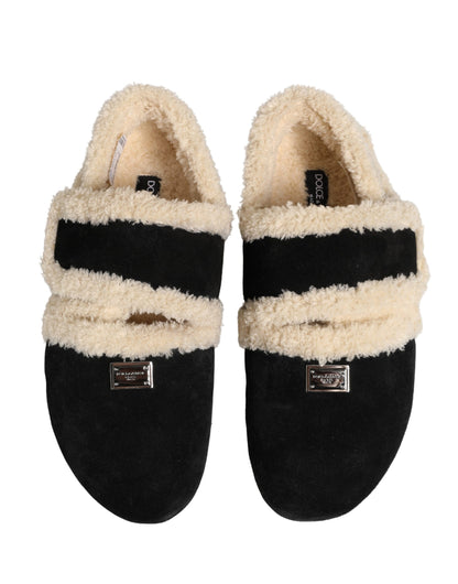 Dolce & Gabbana Beige Black Faux Fur Flats Men Sandals Shoes