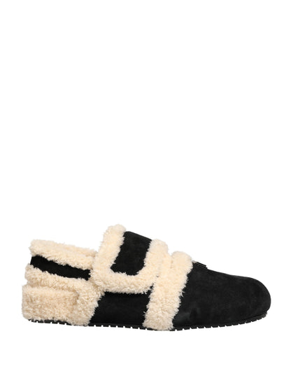 Dolce & Gabbana Beige Black Faux Fur Flats Men Sandals Shoes
