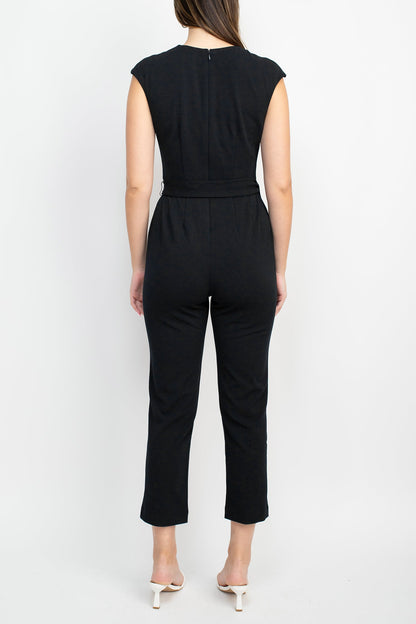 Nine West V-Neck Sleeveless Tie Waist Zipper Back Solid Crepe Jumpsuit with Pockets-2