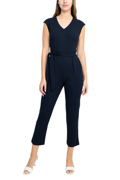 Nine West V-Neck Sleeveless Tie Waist Zipper Back Solid Crepe Jumpsuit with Pockets-4