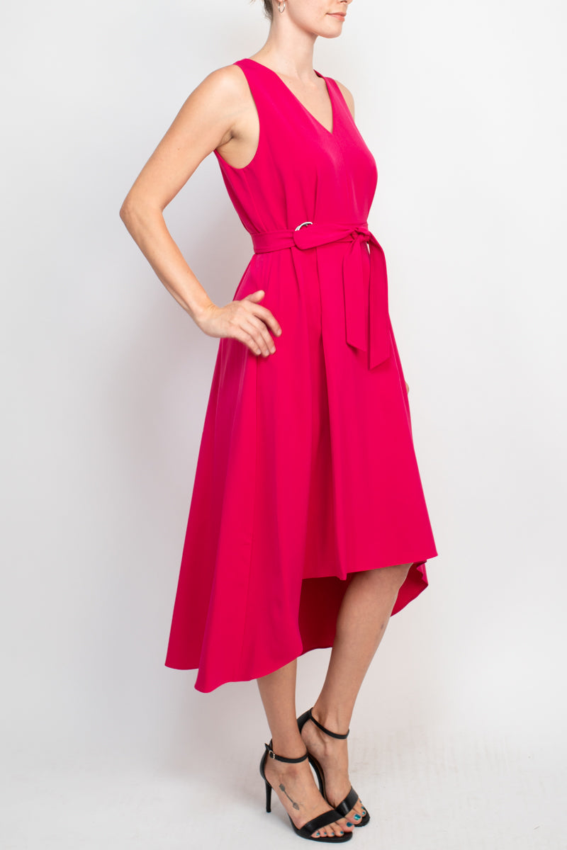 Emma & Michele V-Neck Sleeveless Tie Waist Hi-Low Hem Zipper Back Solid Maxi Scuba Dress