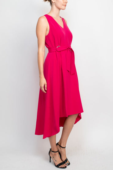 Emma & Michele V-Neck Sleeveless Tie Waist Hi-Low Hem Zipper Back Solid Maxi Scuba Dress