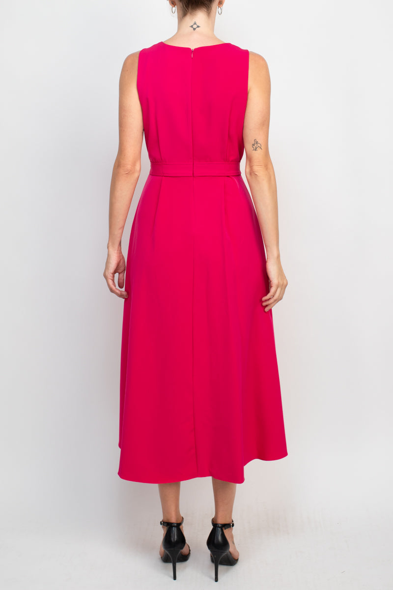 Emma & Michele V-Neck Sleeveless Tie Waist Hi-Low Hem Zipper Back Solid Maxi Scuba Dress