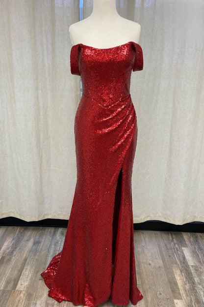 Off The Shoulder Sequins Embellished Evening Dress w/ Straight Across Neckline NXR1203-3