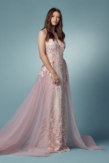 Pearls Embellished Long Formal Gown w/ Floral Motif & Plunging Neckline NXF485-1