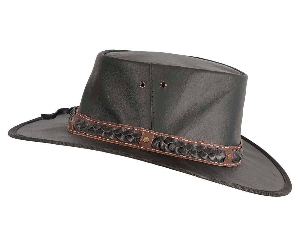 Black Australian Kangaroo Leather Crushable Outback Jacaru Hat-2