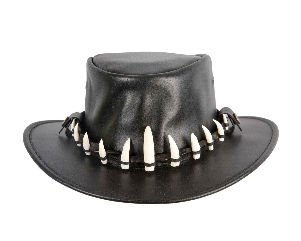Black Australian Leather Outback Jacaru Hat with 11 Crосоdile Teeth-4