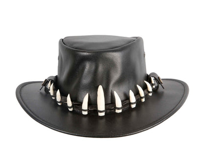 Black Australian Leather Outback Jacaru Hat with 11 Crосоdile Teeth-4