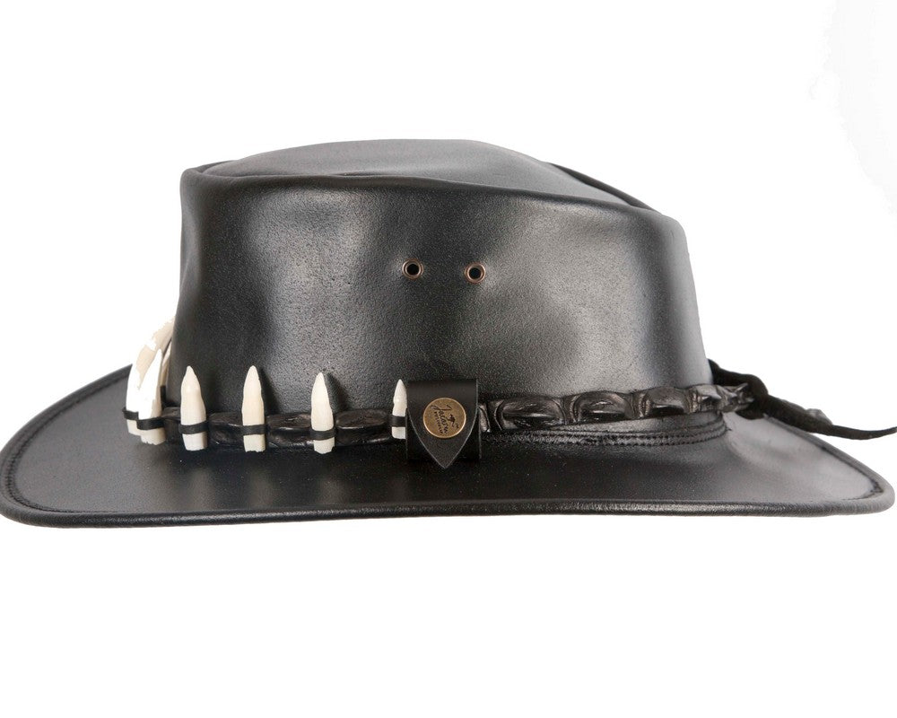 Black Australian Leather Outback Jacaru Hat with 11 Crосоdile Teeth-5