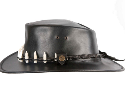 Black Australian Leather Outback Jacaru Hat with 11 Crосоdile Teeth-5