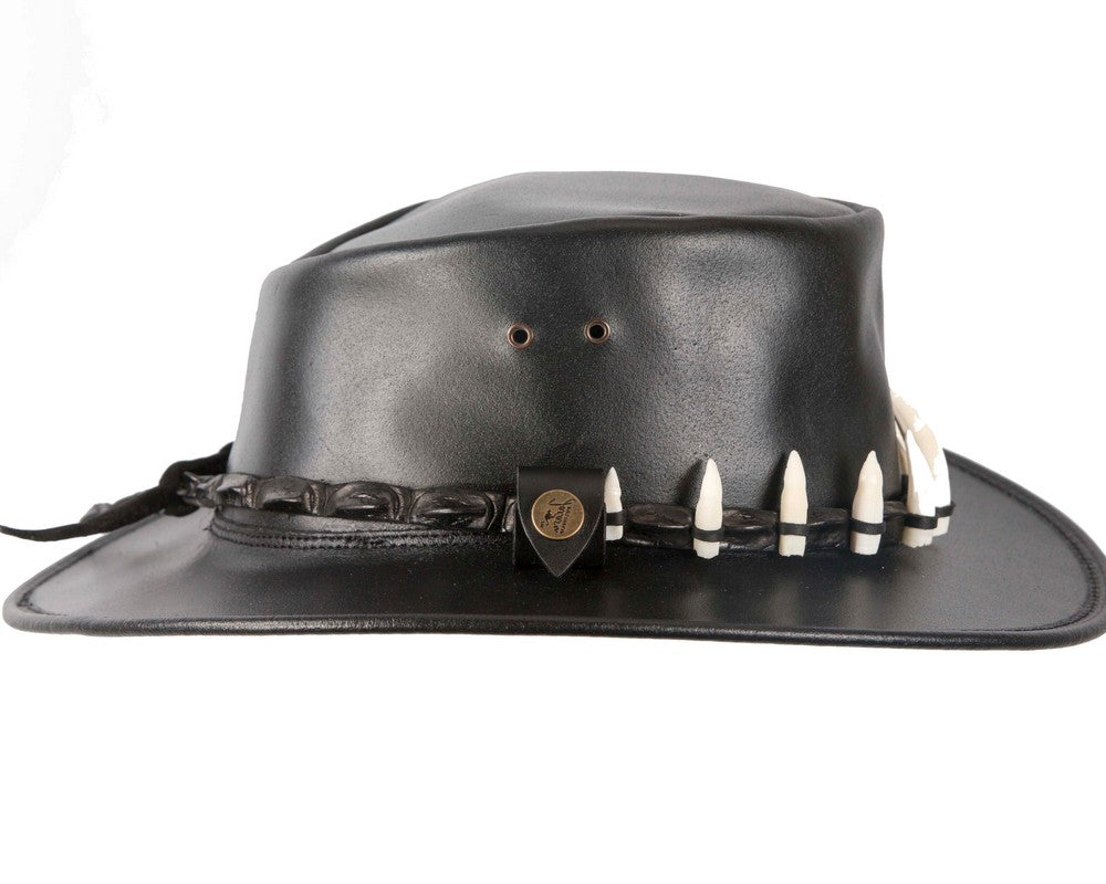 Black Australian Leather Outback Jacaru Hat with 11 Crосоdile Teeth-2