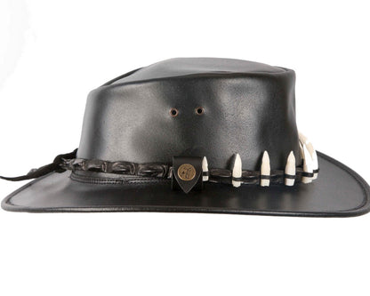 Black Australian Leather Outback Jacaru Hat with 11 Crосоdile Teeth-2
