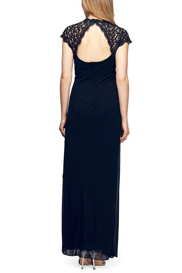 Alex Evenings metallic lace neckline sleeveless gathered side mesh dress-1