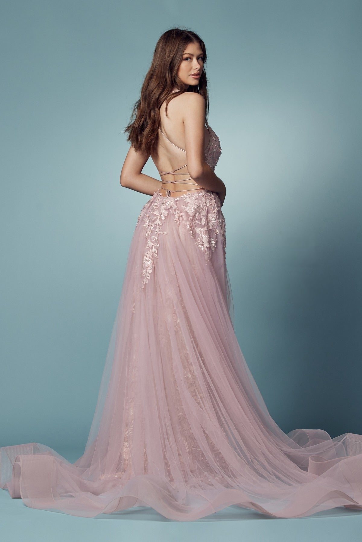 Pearls Embellished Long Formal Gown w/ Floral Motif & Plunging Neckline NXF485-2