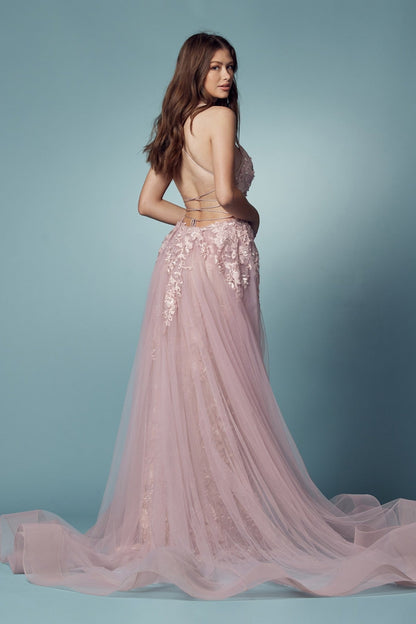 Pearls Embellished Long Formal Gown w/ Floral Motif & Plunging Neckline NXF485-2
