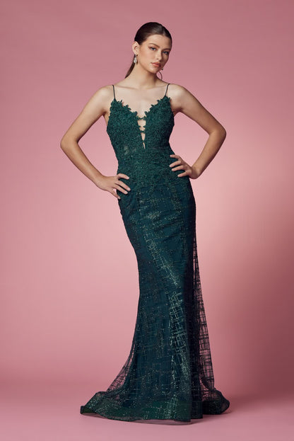 Floral Lace Embellished Long Elegant Evening Dress w/ Mermaid Cut & V-Neckline NXR282-1-4