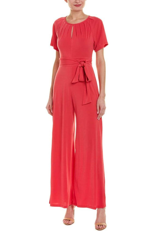 Taylor Scoop Neck Short Sleeve Keyhole Front Tie Waist Solid Jersey Jumpsuit-0