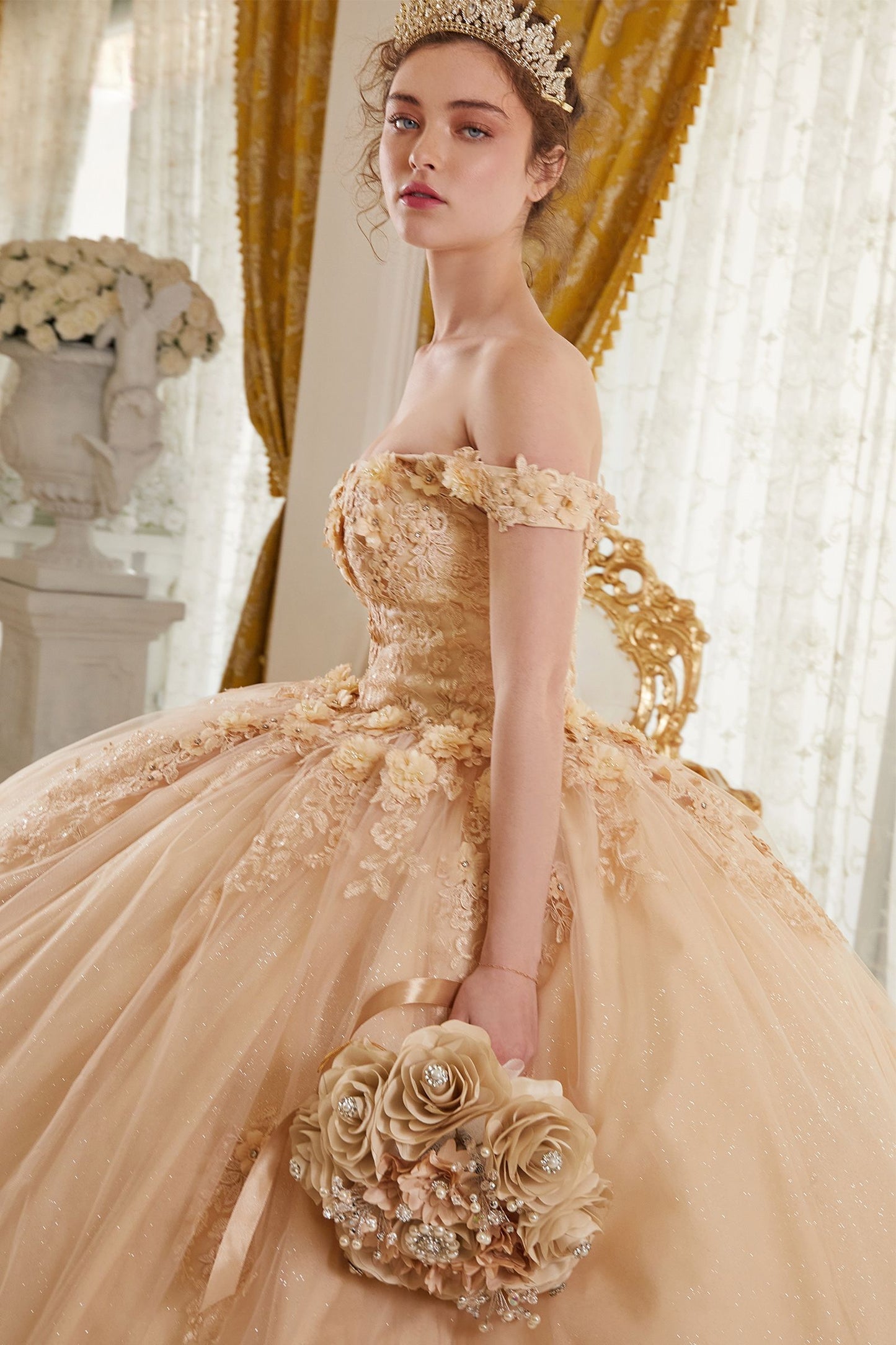 OFF THE SHOULDER FLORAL QUINCE BALL GOWN CD15702-5