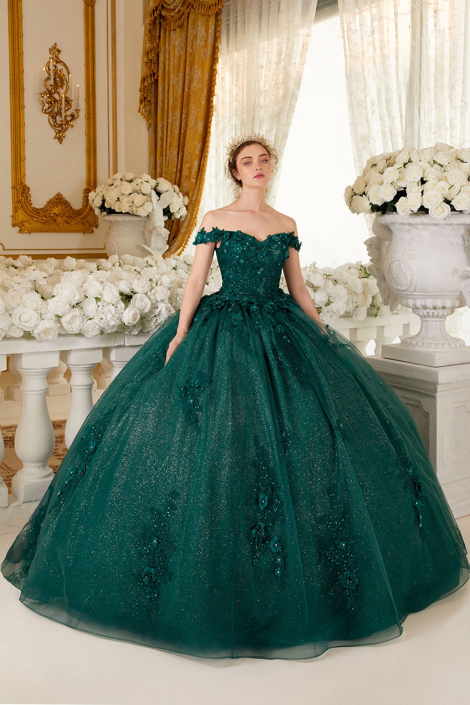 OFF THE SHOULDER FLORAL QUINCE BALL GOWN CD15702-1