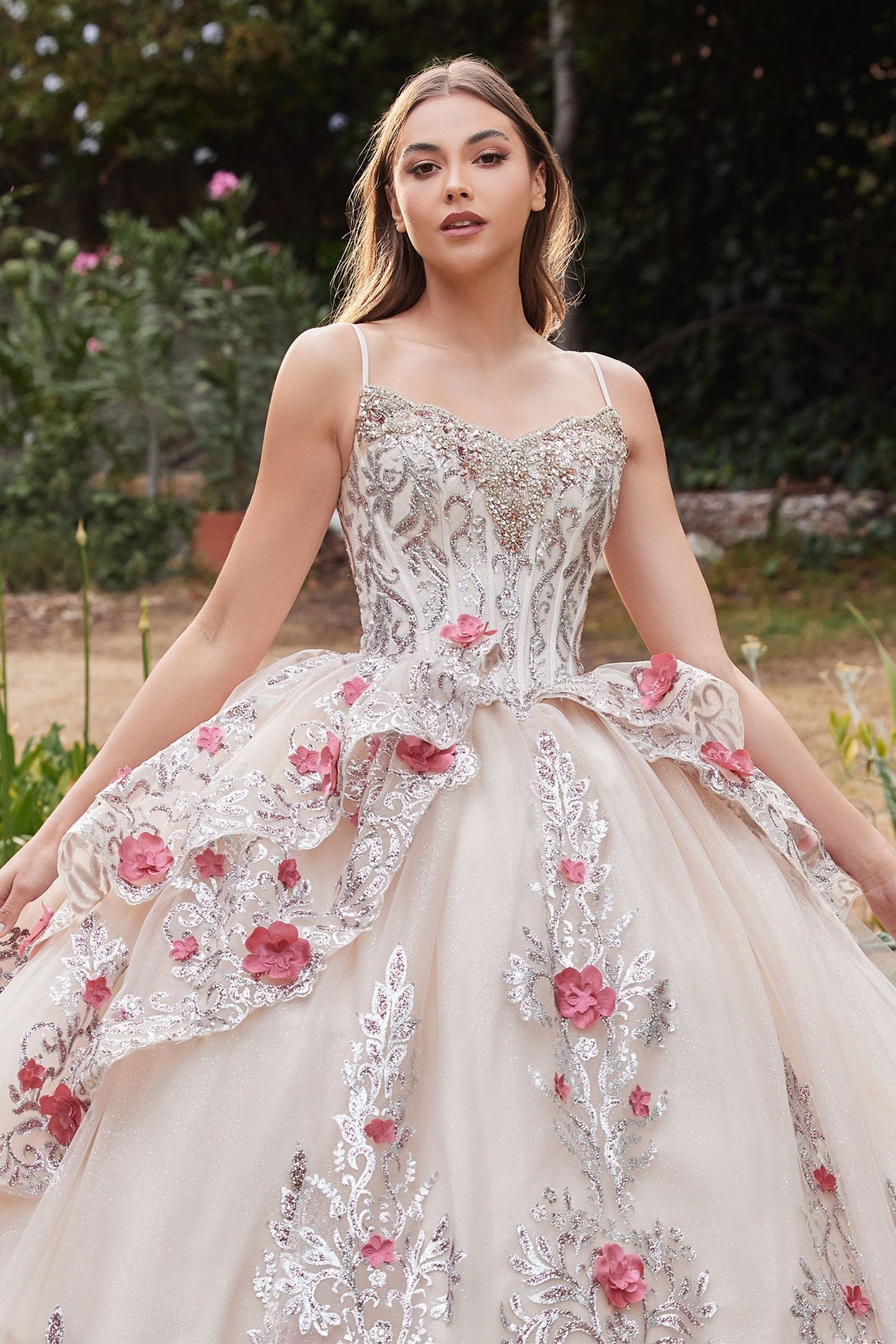 LAYERED TULLE QUINCE BALL GOWN WITH FORAL APPLIQUE CD15703-1
