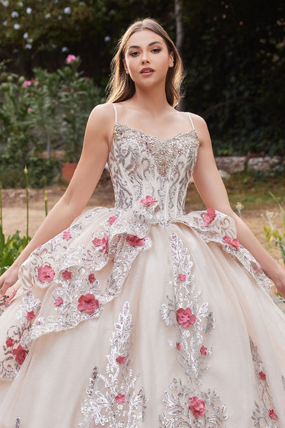 LAYERED TULLE QUINCE BALL GOWN WITH FORAL APPLIQUE CD15703-1