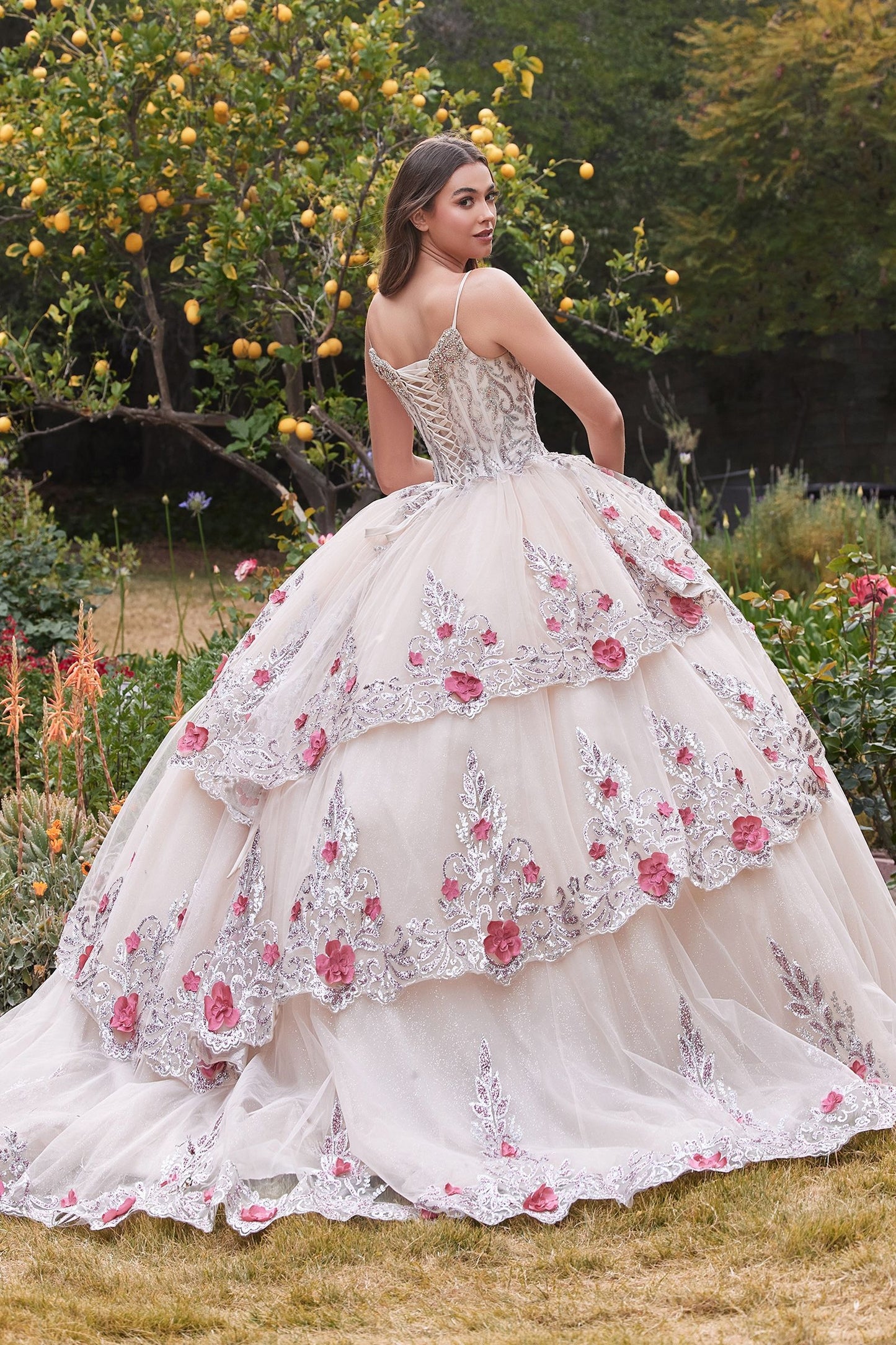 LAYERED TULLE QUINCE BALL GOWN WITH FORAL APPLIQUE CD15703-2