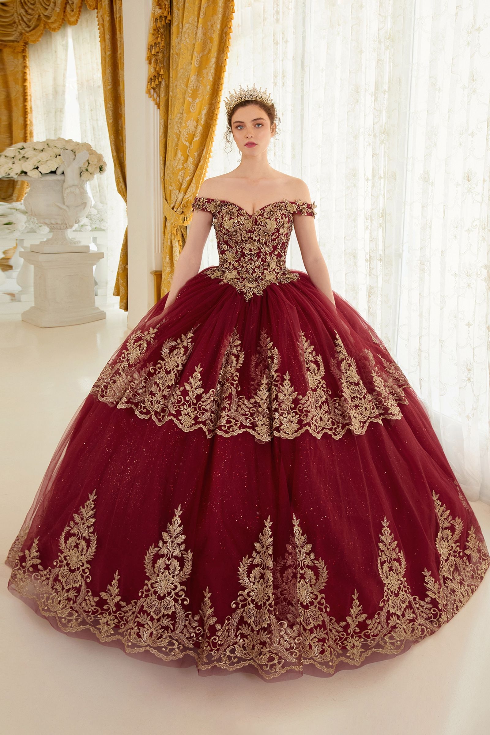 Layered Lace Quinceanera Off Shouder Sweetheart Long Ball Dress CD15705
