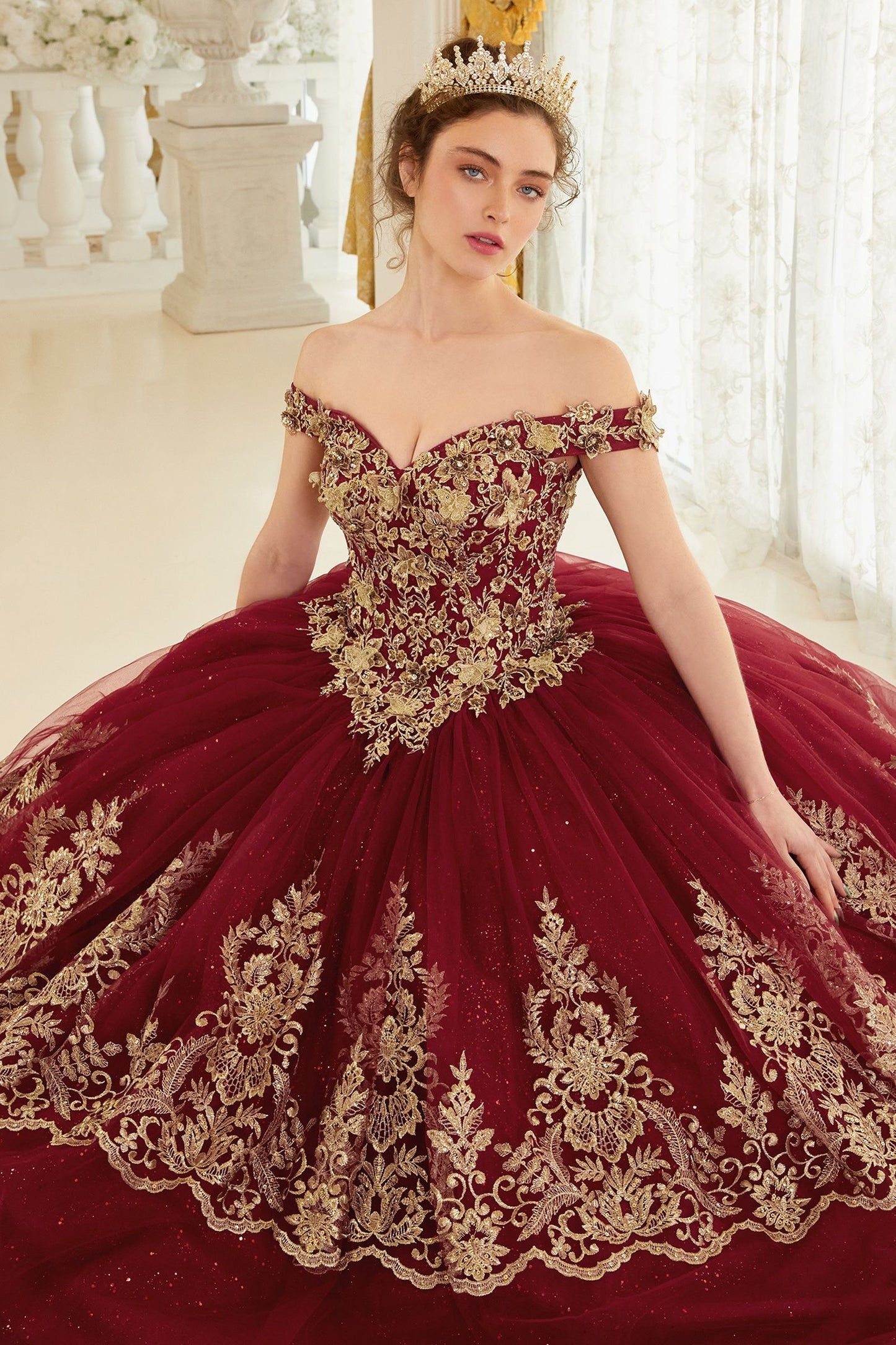 Layered Lace Quinceanera Off Shouder Sweetheart Long Ball Dress CD15705