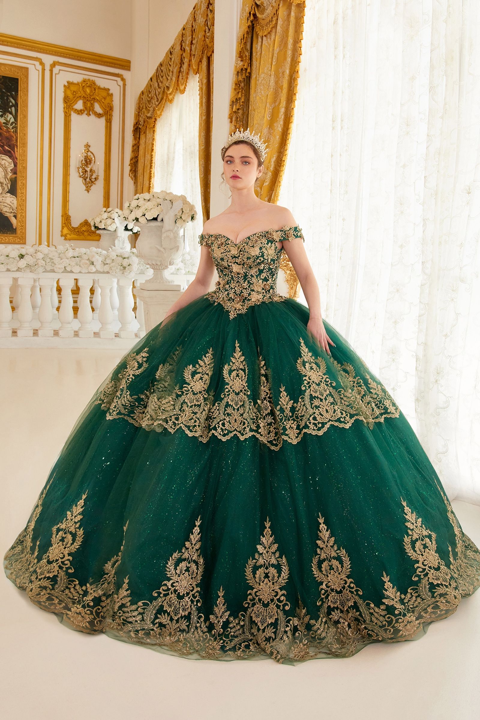 Layered Lace Quinceanera Off Shouder Sweetheart Long Ball Dress CD15705
