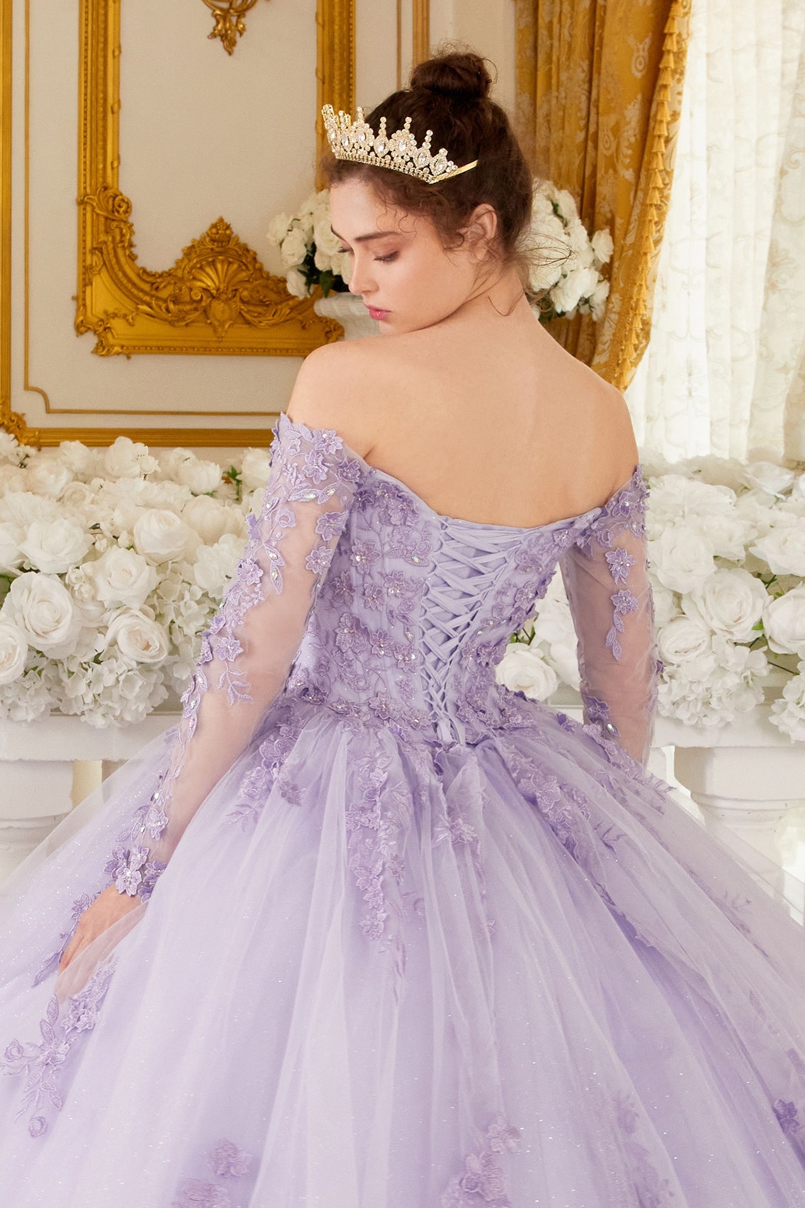 Off The Shoulder Embroidered Lace Long Sleeve Long Ball Dress CD15706